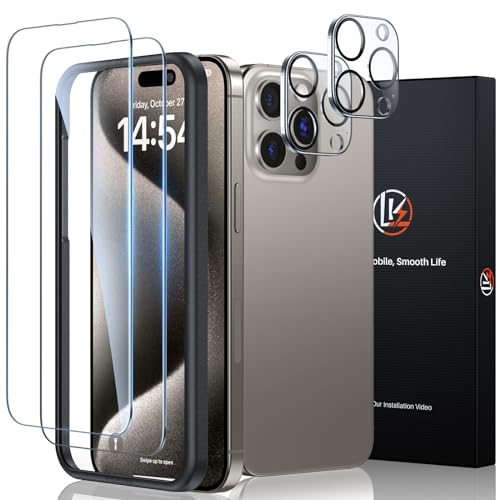LK Schutzfolie Panzer Schutz Glas für iPhone 15 Pro(6.1), 2 Stücke Panzerfolie und 2 Stücke Kamera Schutzglas, [Rahmen-Installationshilfe], [9H Härte Glasfolie ], [HD Displayschutz], 2+2 Stück von LK