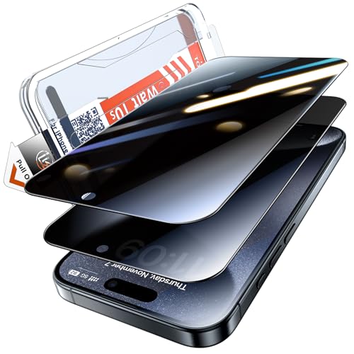 LK Sichtschutz Panzer Schutz Glas für iPhone 15 Pro Sichtschutzfolie [Full Screen] Auto-Installation Schutzglas [9H TOP Härte] Stoßfest Kratzfest Anti-Fingerabdruck Anti-Öl Anti-Bläschen, 2 Stück von LK