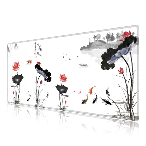 LL-COEUR Große Gaming Laptop Mauspad PC Tastatur Mausmatte XXL Schreibtischunterlage Büro Desk Pad Schreibunterlage Tuschmalerei Landschaftsmalerei Blumen Vögel (Lotos, 1000 x 500 x 3 mm) von LL-COEUR