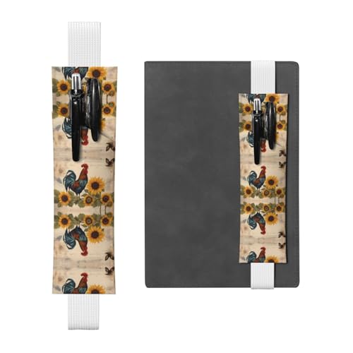 Leder-Stifthalter, Lesezeichen, LLKGOT mit Sonnenblumen-Hahn-Druck, für Hardcover-Tagebücher, Tagebücher, Planer – verstellbarer Riemen von LLKGOT