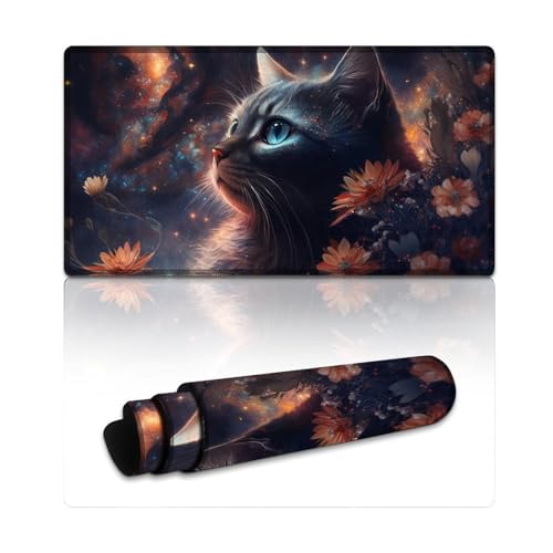 Cosmic Cat And Flower Gaming-Mauspad, wasserdicht, (XXL 40 x 75 x 0,3 cm), Mäusepad mit weicher, glatter Oberfläche und rutschfester Gummiunterseite für Gamer, Büro und Schreibtischdekoration zu Hause von LLONGKT