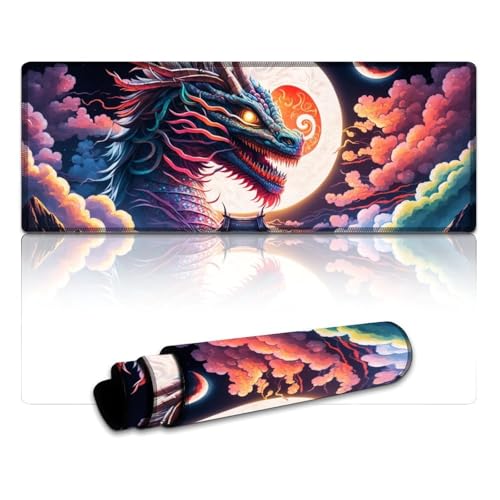 Fantasy Chinese Dragon Mauspad, waschbares Mauspad (30 x 80 x 0,3 cm), Mäusepad mit Rutschfester Unterseite und genähtem Rand für Gaming-Büroarbeiten von LLONGKT
