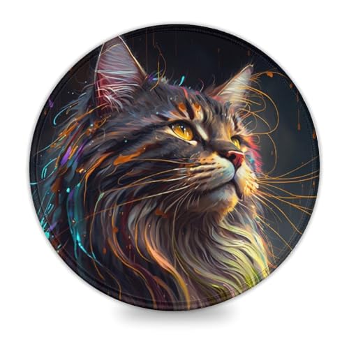 Fantasy Maine Coon Rundes Mauspad (8 Zoll) Premium-Textur-Mauspad mit Rutschfester Unterseite aus Naturkautschuk für Gamer/Desktop/Büro/Zuhause von LLONGKT