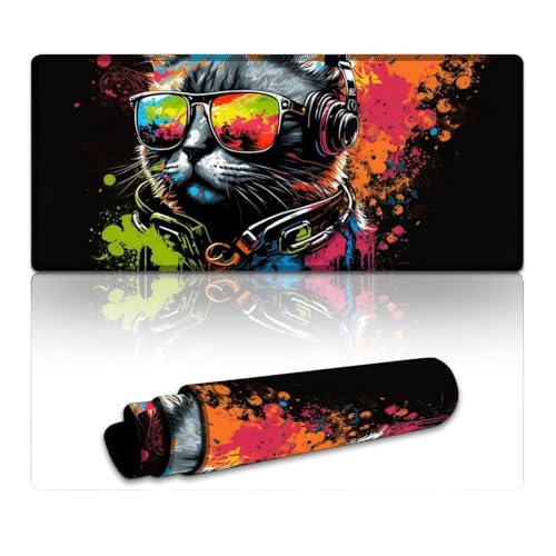 Gaming-Mauspad mit Katze und Kopfhörern, lang, XXXL, Mauspads (40 x 90 x 0,3 cm), Mäusepad für Laptop, Computer, PC, Büro, süßes Design, Schreibtischzubehör von LLONGKT