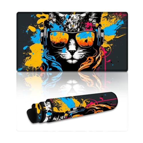 Gaming-Mauspad mit Katze und Kopfhörern,genähte Kanten,Mauspad (40x75cm),Tischpad mit weicher,glatter Oberfläche und rutschfester Gummiunterseite für Gamer,Büro und Schreibtischdekoration zu Hause von LLONGKT