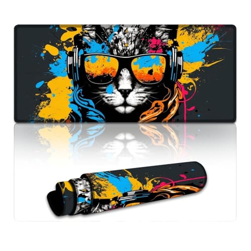 Gaming-Mauspad mit Katze und Kopfhörern,genähte Kanten,Mauspad (40x90cm),Tischpad mit weicher,glatter Oberfläche und rutschfester Gummiunterseite für Gamer,Büro und Schreibtischdekoration zu Hause von LLONGKT