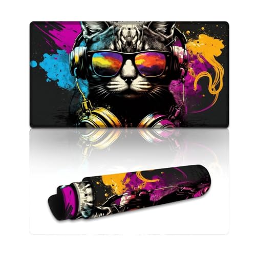 Gaming-Mauspad mit Katze und Kopfhörern,großes Mauspad (40x75x0,3 cm),große Schreibtischunterlage,verbesserte Präzision und Geschwindigkeit,Gummiunterseite für stabilen Halt auf glatten Oberflächen von LLONGKT