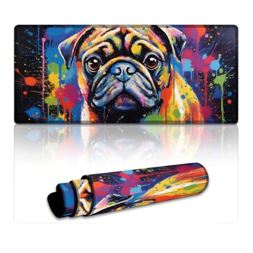 Gaming-Mauspad mit Mops-Graffiti-Motiv,erweitertes Mauspad (40 x 90 x 0,3 cm),große Schreibtischunterlage,hochwertig strukturiert,rutschfest und wasserdicht,genähte Kanten für Gaming,Büro und Zuhause von LLONGKT