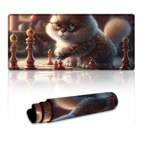 Gaming-Mauspad mit Schach spielender Katze, Computer-Mauspad (40 x 90 x 0,3 cm), Schreibtischunterlage mit hochwertiger Textur, rutschfest und wasserdicht, genähte Kanten für Gaming, Büro und Zuhause von LLONGKT