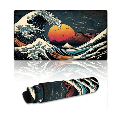 Gaming-Mauspad mit japanischen Meereswellen, genähte Kanten, Mauspad (40 x 75 x 0,3 cm), Schreibtischunterlage für Laptop, Home-Office-Zubehör mit genähten Kanten von LLONGKT