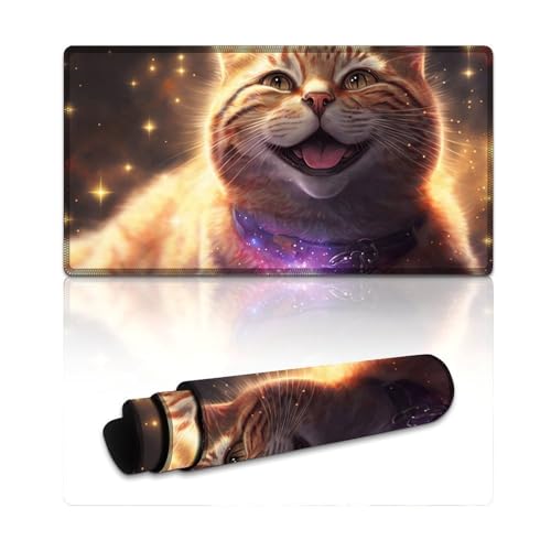 Gaming-Mauspad mit kosmischer Weltraumkatze, Computer-Mauspad (40 x 75 x 0,3 cm), Schreibtischunterlage mit genähten Kanten, rutschfestem Gummi, wasserdicht und langlebig für Zuhause, Büro, Gaming von LLONGKT