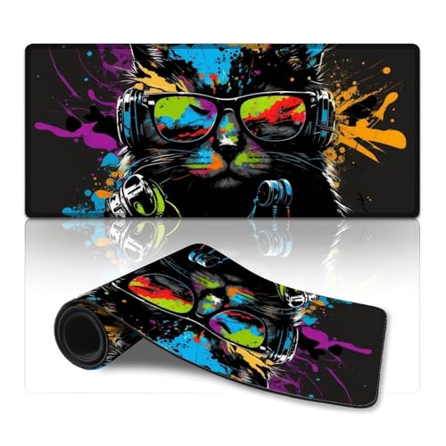Großes Mauspad, Katze mit Kopfhörern, Lange XXXL-Mauspads (40 x 90 cm), Tischunterlage für Computer, Laptop, Home-Office von LLONGKT