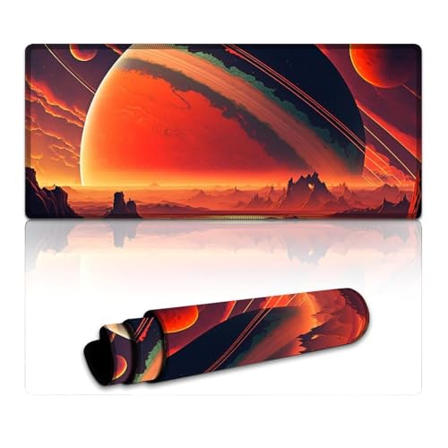 LLONGKT Alien Planet Mauspad, großes Mauspad (40 x 90 x 0,3 cm), Tastaturpad mit Rutschfester Unterseite und genähtem Rand für Gaming-Büroarbeiten von LLONGKT