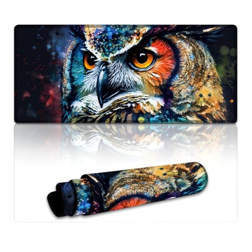 LLONGKT Buntes Eulen-Mauspad, erweitertes Mauspad (40 x 90 x 0,3 cm), Tischpad mit Rutschfester Unterseite und genähtem Rand für Büro/Gaming von LLONGKT