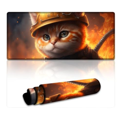 LLONGKT Buntes Gaming-Mauspad mit Feuerwehrmann-Katze, lang, XXXL-Mauspads (40 x 90 x 0,3 cm), Mäusepad für Büro und Gaming, Mauspad mit Rutschfester Gummiunterseite von LLONGKT