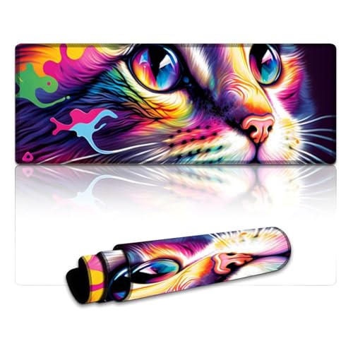 LLONGKT Buntes Graffiti-Katzen-Gaming-Mauspad, großes Mauspad (30 x 80 x 0,3 cm), Schreibtischunterlage für Büro und Gaming, Mauspad mit Rutschfester Gummiunterseite von LLONGKT