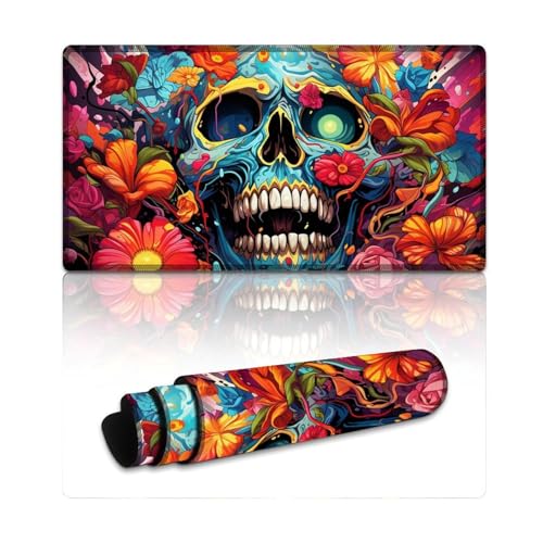 LLONGKT Buntes Mauspad mit Rosen-Totenkopf, erweitertes XXL-Mauspad (40 x 75 x 0,3 cm), Tastaturpad, rutschfeste Gummi- und wasserdichte Oberfläche für PC, Laptop, Schreibtisch von LLONGKT