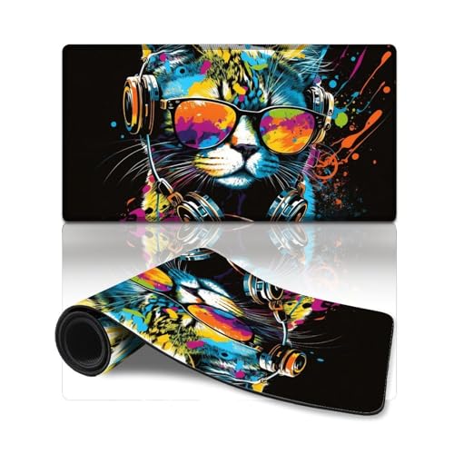 LLONGKT Computer-Mauspad, Katze mit Kopfhörern, Lange XXL-Mauspads (40 x 75 cm), Tischunterlage verbessert Präzision und Geschwindigkeit, gummierte Unterseite für stabilen Halt von LLONGKT