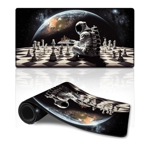 LLONGKT Gaming-Mauspad, Astronauten Spielen Schach, erweitertes Mauspad (30 x 60 cm), Tischmatte mit genähtem Rand, Computer-Schreibtischzubehör, rutschfeste Unterseite von LLONGKT