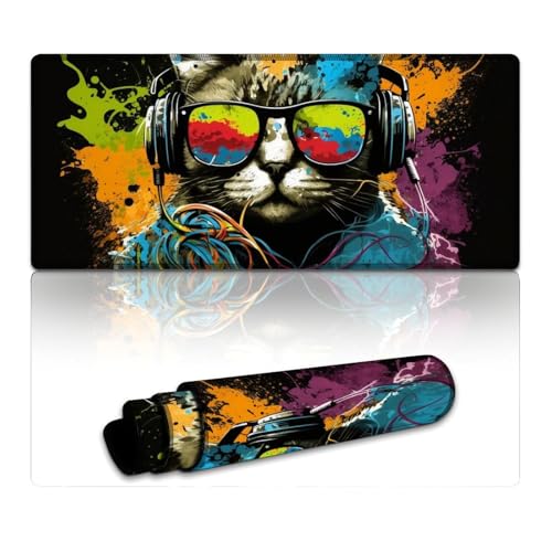 LLONGKT Gaming-Mauspad, Katze mit Kopfhörern, waschbares Mauspad (40 x 90 x 0,3 cm), große Schreibtischunterlage mit Rutschfester Unterseite und genähtem Rand für Gaming-Büroarbeiten von LLONGKT