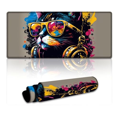 LLONGKT Gaming-Mauspad, Katze mit Kopfhörern, waschbares Mauspad (XXXL 40 x 90 x 0,3 cm), Tastatur-Schreibtischunterlage mit Rutschfester Gummiunterseite für Gaming und Büro von LLONGKT