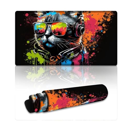 LLONGKT Gaming-Mauspad, Katze mit Kopfhörern, wasserdichtes Mauspad (40 x 75 x 0,3 cm), Tastatur-Schreibtischmatte, rutschfeste Gummiunterseite, weich und langlebig, für Büro- und Heimcomputer von LLONGKT
