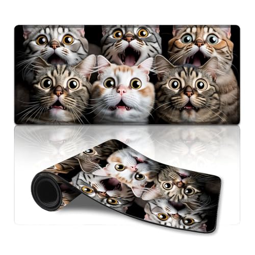 LLONGKT Gaming-Mauspad, Shocked Cat, erweitertes Mauspad (40 x 90 cm), Tischmatte mit genähtem Rand, Computer-Schreibtischzubehör, rutschfeste Unterseite von LLONGKT