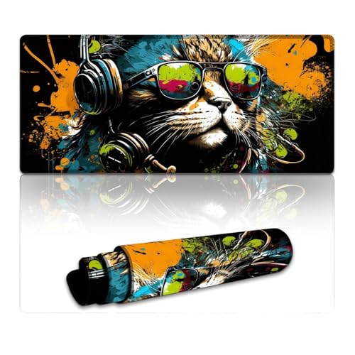 LLONGKT Gaming-Mauspad mit Katze und Kopfhörern, großes Mauspad (40 x 90 x 0,3 cm), Schreibtischunterlage für Büro und Gaming, rutschfeste Gummiunterseite von LLONGKT