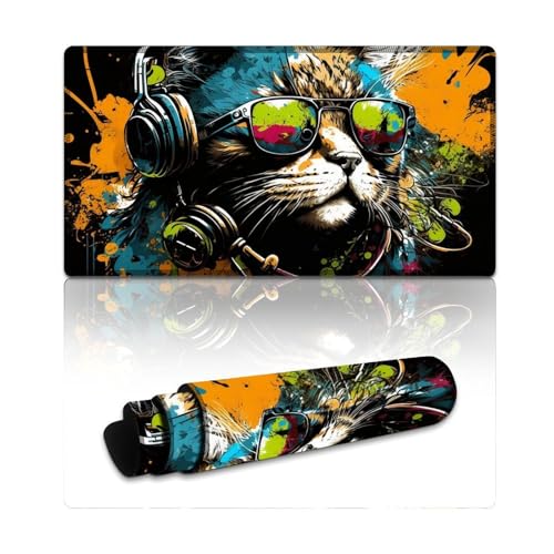LLONGKT Gaming-Mauspad mit Katze und Kopfhörern, wasserdicht, Mauspad (40 x 75 x 0,3 cm), Mäusepad, rutschfeste Gummiunterseite für Computer und Büro von LLONGKT