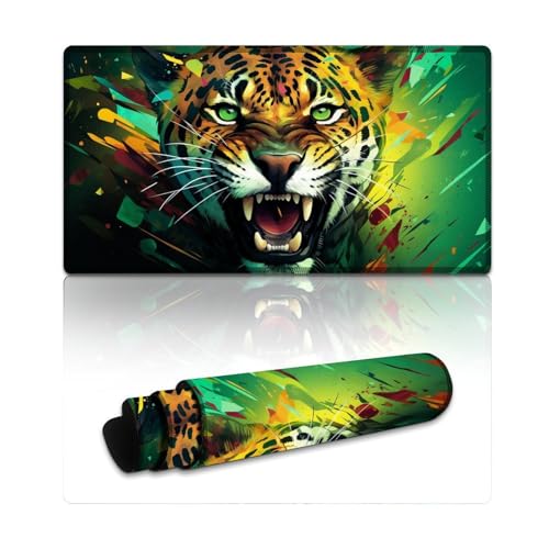 LLONGKT Gaming-Mauspad mit grünem Leopardenmuster, genähte Kanten, Mauspad (40 x 75 x 0,3 cm), Mäusepad für Tastatur, Computer, PC, Gamer, Schreibtisch, Büro von LLONGKT