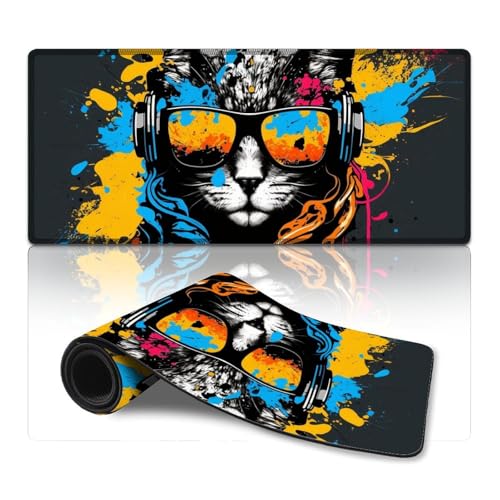 LLONGKT Großes Gaming-Mauspad, Katze mit Kopfhörern, Mauspad (40 x 90 cm), Schreibtischunterlage, rutschfeste Gummiunterseite, verbesserte Präzision und Geschwindigkeit von LLONGKT