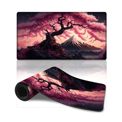 LLONGKT Großes Gaming-Mauspad mit Kirschblüten-Mount-Fuji-Motiv (40 x 75 cm), rutschfeste Unterseite, wasserdicht und schmutzabweisend, geeignet für PC und Laptop von LLONGKT