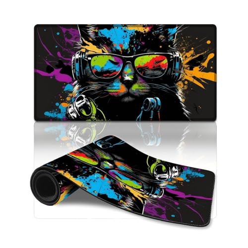 LLONGKT Großes Mauspad mit Katze und Kopfhörern, genähte Kanten, Mauspad, Schreibtischunterlage für Computer, Laptop, PC, Zuhause, Büro (40 x 75 cm) von LLONGKT