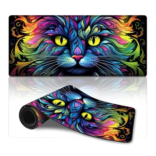 LLONGKT Großes Mauspad mit bunten Katzen und genähten Kanten, Schreibtischunterlage für Computer, Laptop, PC, Zuhause, Büro (40 x 90 cm) von LLONGKT