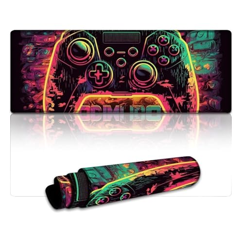 LLONGKT Mauspad Game Neon, großes Gaming-Mauspad (30 x 80 x 0,3 cm), Schreibtischunterlage mit hochwertiger Textur, rutschfest und wasserdicht, genähte Kanten für Gaming, Büro und Zuhause von LLONGKT