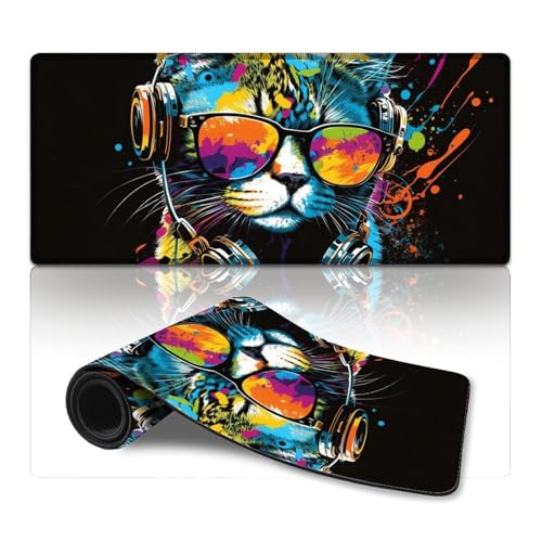 LLONGKT Mauspad Katze mit Kopfhörern, extra großes Mauspad, Tastaturpad für Büro und Gaming, rutschfeste Gummiunterseite (40 x 90 cm) von LLONGKT