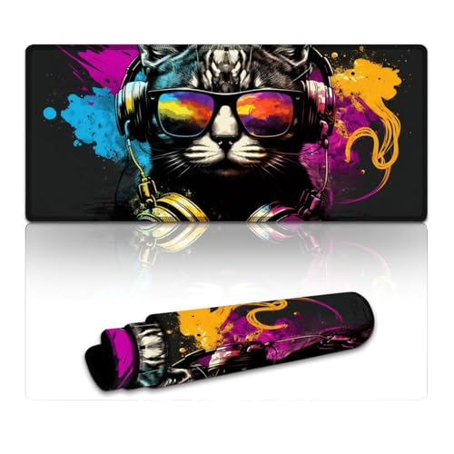 LLONGKT Mauspad Katze mit Kopfhörern, lang, XXXL, Mauspads (40 x 90 x 0,3 cm), Schreibtischunterlage mit Rutschfester Unterseite und genähtem Rand, für Gaming, Büroarbeit von LLONGKT