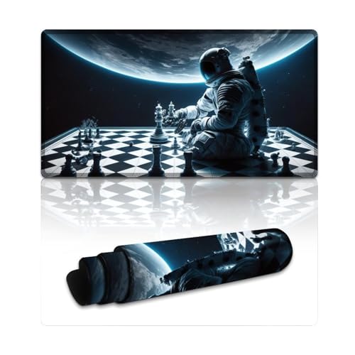 LLONGKT Mauspad mit Astronauten, die Schach Spielen, großes Mauspad (XXL 40 x 75 x 0,3 cm), Schreibtischunterlage mit Rutschfester Gummiunterseite, geeignet für Computer, Büro, Zuhause von LLONGKT
