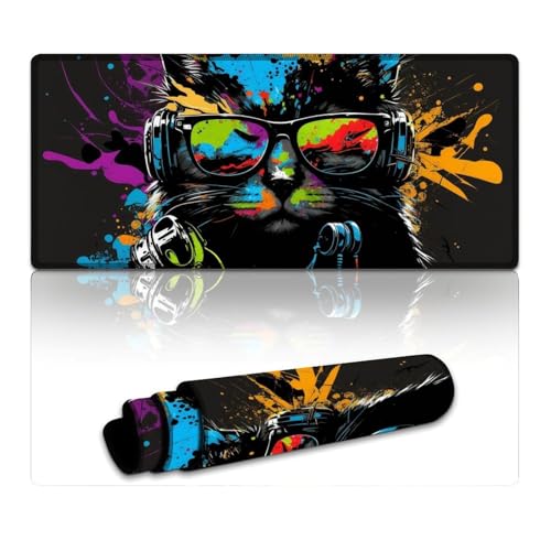 LLONGKT Mauspad mit Katze und Kopfhörern, erweitertes Mauspad (40 x 90 x 0,3 cm), Tischpad mit Rutschfester Unterseite und genähtem Rand für Büro/Gaming von LLONGKT