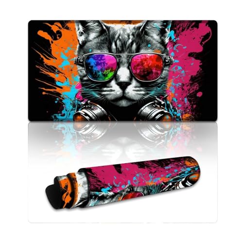 LLONGKT Mauspad mit Katze und Kopfhörern, extra großes Mauspad (40 x 75 x 0,3 cm), große Schreibtischunterlage mit Rutschfester Unterseite und genähtem Rand für Büro/Gaming von LLONGKT
