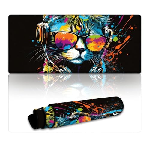 LLONGKT Mauspad mit Katze und Kopfhörern, großes Mauspad (40 x 90 x 0,3 cm), Tischpad, rutschfeste Gummiunterseite, weich und langlebig, für Büro- und Heimcomputer von LLONGKT