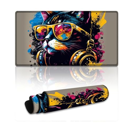 LLONGKT Mauspad mit Katze und Kopfhörern, großes Mauspad (XXL 40 x 75 x 0,3 cm), großes Schreibtischpad, Moderate Oberflächenreibung, rutschfestes Mauspad, Gaming-Zubehör für Mac und PC von LLONGKT