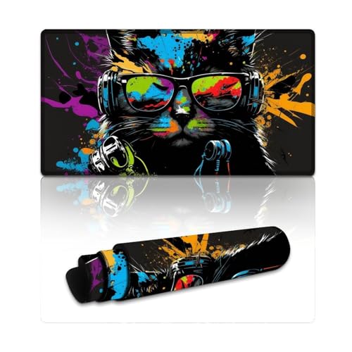 LLONGKT Mauspad mit Katze und Kopfhörern, lang, XXL-Mauspads (40 x 75 x 0,3 cm), große Schreibtischunterlage mit Rutschfester Gummiunterseite für Büro- und Heimcomputer, Laptop, Gaming von LLONGKT