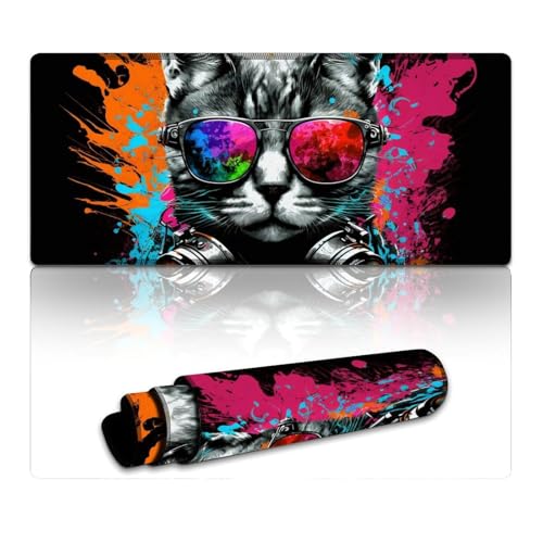 LLONGKT Mauspad mit Katze und Kopfhörern, waschbar, Mauspad (40 x 90 x 0,3 cm), Mäusepad mit Rutschfester Unterseite und genähtem Rand für Gaming, Büroarbeit von LLONGKT