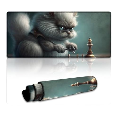 LLONGKT Mauspad mit Schachfigur „Katze spielt Schach“, Computer-Mauspad (40 x 90 x 0,3 cm), große Schreibtischunterlage für Gaming-Computer, Laptop, Zuhause, Büro und unterwegs von LLONGKT