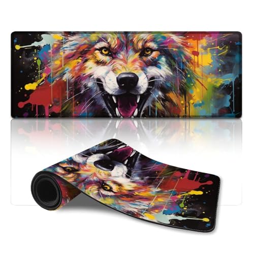 LLONGKT Mauspad mit Wolf-Motiv, genähte Kanten, Mauspad (30 x 80 cm), Tischmatte, wasserdichte Stoffoberfläche und rutschfeste Gummiunterseite für PC und Laptop von LLONGKT