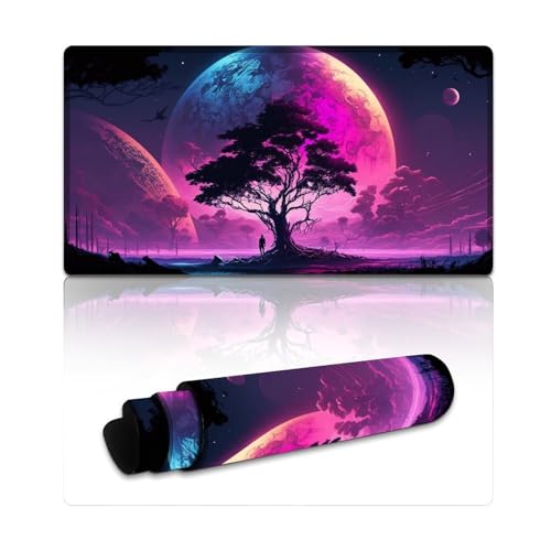 LLONGKT Mauspad mit genähten Kanten, Alien Planet Tree, Mauspad (40 x 75 x 0,3 cm), Tastaturpad für Büro und Gaming, rutschfeste Gummiunterseite von LLONGKT