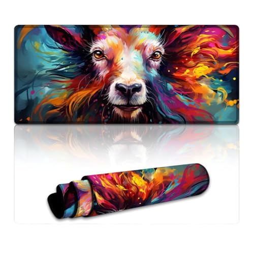 LLONGKT Mauspad mit psychedelisch gefärbter Ziege, erweitertes Mauspad (40 x 90 x 0,3 cm), Tastaturpad mit Rutschfester Unterseite und genähtem Rand für Büro/Gaming von LLONGKT