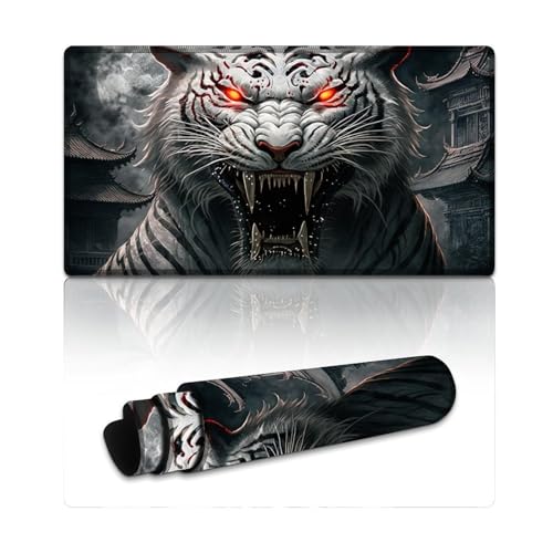 LLONGKT Weißes Tiger-Mauspad, XXL-Mauspad (40 x 75 x 0,3 cm), Schreibtischunterlage, ausfranssichere, genähte Kanten, rutschfeste Gummiunterseite, verbesserte Präzision und Geschwindigkeit von LLONGKT