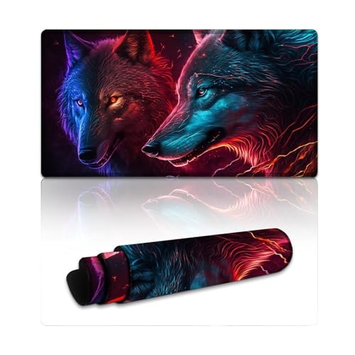 LLONGKT Wolf-Mauspad, großes Gaming-Mauspad (40 x 75 x 0,3 cm), große Schreibtischunterlage mit Rutschfester Unterseite und genähtem Rand für Gaming-Büroarbeiten von LLONGKT
